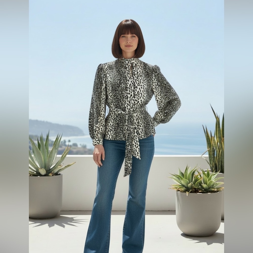 Vintage Blair Leopard Print Tie Waist Blouse Long Sleeve Size S/M